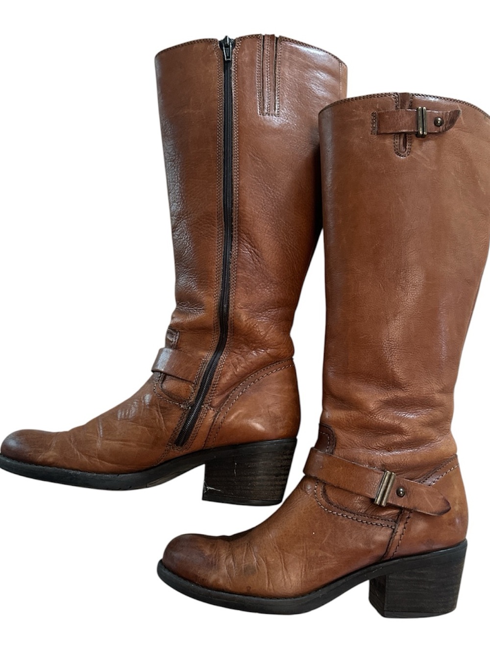 Clarks Leather Tall Riding Boots Cognac Brown Buckle Zip 7.5